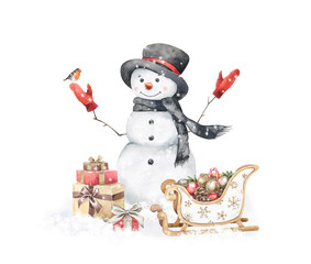 A cute watercolor snowman in a black hat and scarf with a robin bird, gifts and a sleigh full of Christmas toys. Hand drawn isolated illustration. Holiday design for cards, prints, scrapbooking.