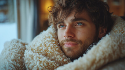 Headshot of handsome young man in winter fashion, wearing turtleneck sweater