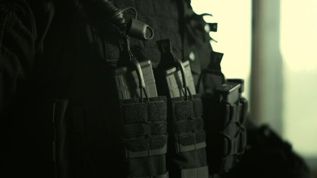 Soldier in black outfit inserting a magazine in his west pouch