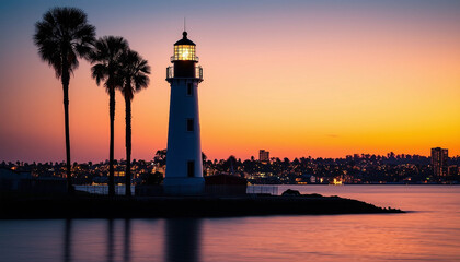 A serene scene of a tall lighthouse near the sea, with a glowing, warm, golden-orange sky