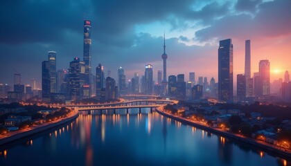 Obraz premium Cityscape at dusk illuminated by the glow of the setting sun