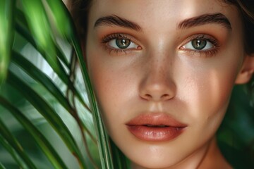 Naklejka premium A close-up portrait of a woman's face next to a leaf, simple and intimate composition