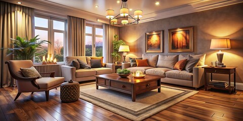 Fototapeta premium This inviting living room boasts soft lighting, plush seating, and a warm color scheme, cultivating a serene