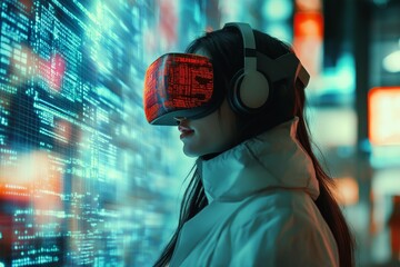 Exploring the metaverse  woman using vr headset in cyber world for stock market transformation