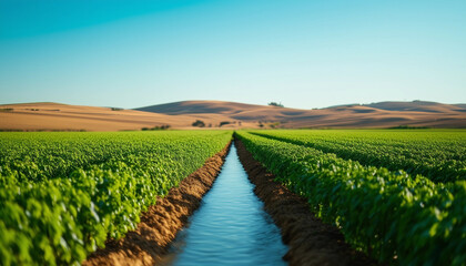 A symmetrical, wide-angle view of an expansive green field of crops, stretching to the horizon