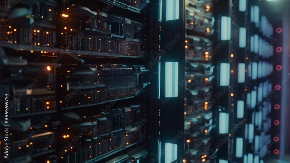 Poster a row of servers in a data center, a densely layered stack of futuristic servers in a data center