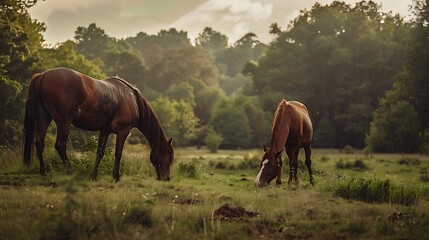 Obraz premium Two horses one standing in a meadow the other eating in a field