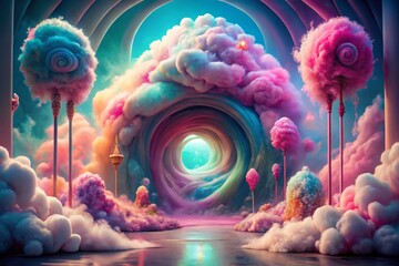 Vibrant cotton candy swirling around a mystical portal, transporting viewers to a sweet and whimsical world