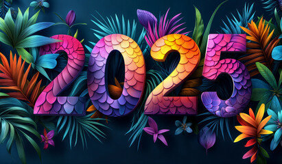 Colorful New Year 2025 text with tropical theme