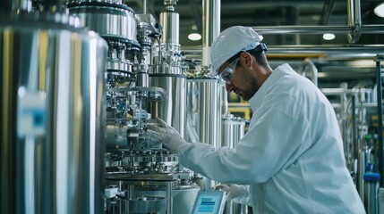 A worker inspecting industrial machinery in a chemical plant, meticulously checking equipment to ensure safe and efficient operation in a controlled environment