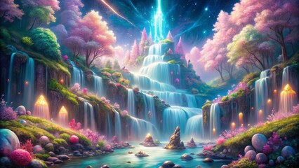Obraz premium A cotton candy waterfall cascading down a sparkling crystal mountain, surrounded by frolicking faeries