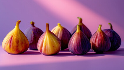 Fototapeta premium Six ripe figs in varying shades of purple, yellow, and red arranged randomly on a pastel purple