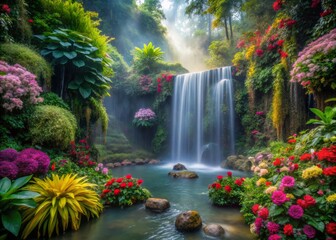 Naklejka premium A secret garden hidden behind a waterfall, with lush greenery and colorful flowers thriving in the misty atmosphere.