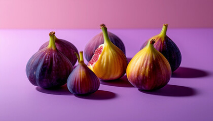 Six ripe figs in varying shades of purple, yellow, and red arranged randomly on a pastel purple