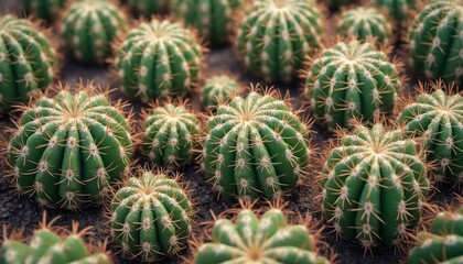 Fototapeta premium A detailed close-up of round green cacti growing in a desert garden, emphasizing the natural texture and resilience of these hardy plants.