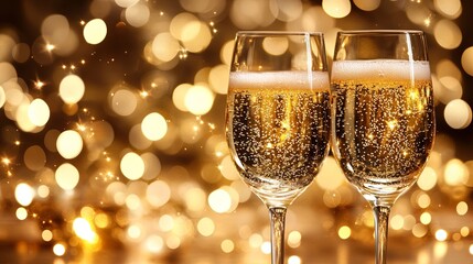 Two champagne flutes filled with bubbly, a festive backdrop of golden bokeh lights, celebrating life's special moments