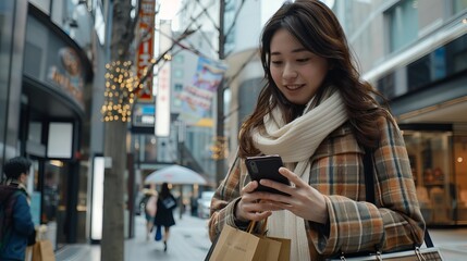 Fototapeta premium Young woman using smartphone while holding shopping bags in a busy urban street setting