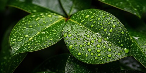 Fototapeta premium Water droplets cling to lush green leaves, a symphony of nature's beauty in a close-up shot.