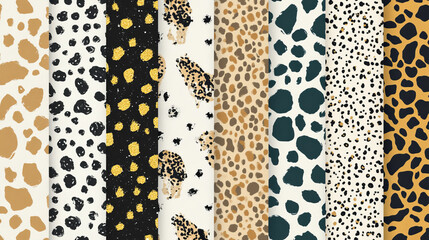 This set of seamless patterns features animal prints like cheetah, giraffe, zebra, leopard, Holstein cow, snake, and jaguar. The designs are perfect for printing and can be used as backgrounds.
