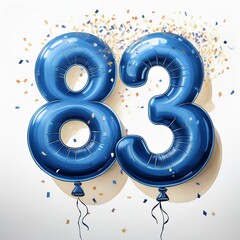Obraz premium Blue birthday / anniversary balloon, number 83, white background with confetti