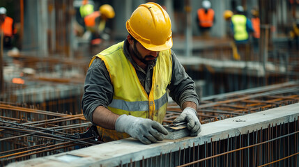 A construction worker wearing a yellow hard hat and safety vest is working on a building site.