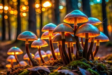 Fototapeta premium Glowing, iridescent mushrooms sprouting from a rust-hued forest floor, their caps shifting to burnt sienna as they release spores