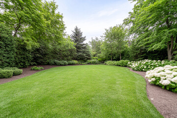 Lush green lawn surrounded by vibrant flowers in a serene garden setting during a clear afternoon