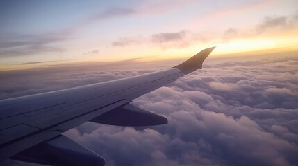 View From Airplane. Flying on Sunset Time with Wing in view