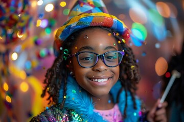 Beautiful young African American magician happily showing magic with a magic wand and hat, smiling and wearing eyeglasses.