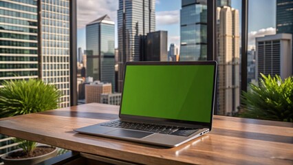 Mock up of a green screen laptop placed on a table. Skyscraper background,