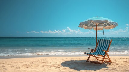 Obraz premium Beach chair and umbrella on a peaceful tropical beach with a clear sky