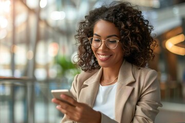 Beautiful African American businesswoman with eyeglasses smiling and reading her statement on her smartphone while using online banking in the office.