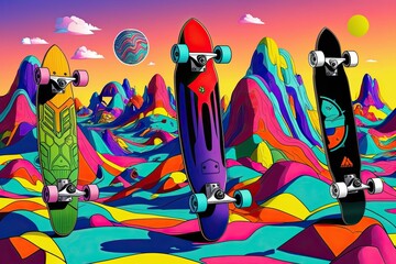 Obraz premium Vibrant Skateboard Adventure in Surreal Colorful Landscape Graphic Illustration