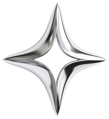 Shiny silver metal four pointed star shape with smooth curves and hollow center on transparent background. Elegant metallic design shape