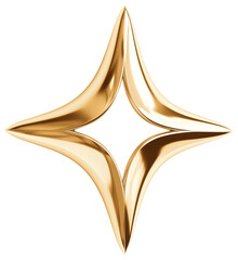Shiny gold four pointed star shape with smooth curves and hollow center on transparent background. Elegant metallic design shape