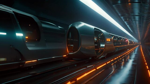 A train swiftly moves through a dark tunnel, with a train platform visible in close proximity, A futuristic hyperloop transportation concept travelling in vacuum tubes