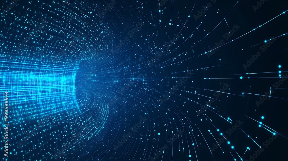 Poster abstract digital tunnel made of glowing blue lines and particles on black background.