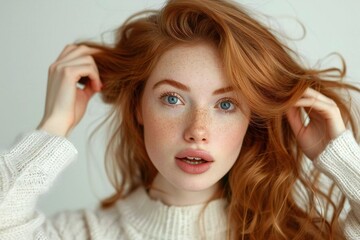 Naklejka premium Beautiful young woman gracefully holding her hair with a surprised expression.