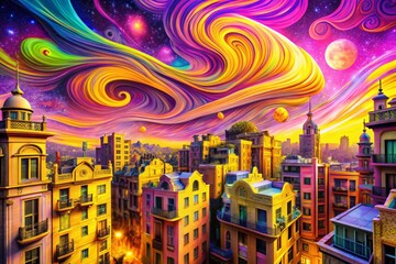 Obraz premium A surreal, dreamlike cityscape where buildings and streets seem to blend seamlessly with vibrant, swirling patterns that shift from bright magenta to neon yellow.