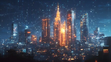 Modern city with wireless network connection and city scape concept.Wireless network and Connection technology concept with city background at night. 