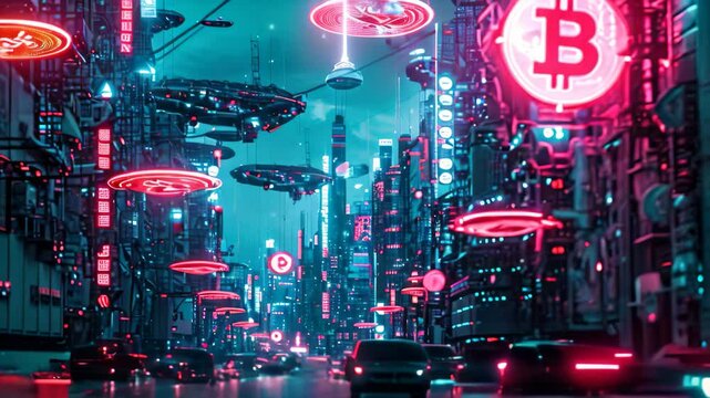 A Futuristic City With Neon Lights and a Bitcoin Sign, A futuristic Video of bitcoins being transacted over a blockchain, set in a cyberpunk aesthetic