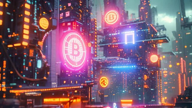 A Futuristic City Glowing With Neon Lights, A futuristic Video of bitcoins being transacted over a blockchain, set in a cyberpunk aesthetic