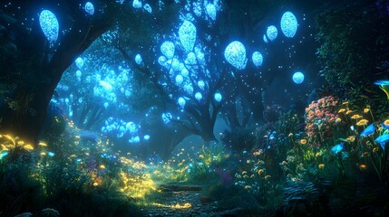 Fototapeta premium A breathtaking scene of a futuristic forest where bioluminescent trees emit a soft, enchanting glow in various shades of blue and green. The forest floor is alive with vibrant flora, illuminated 