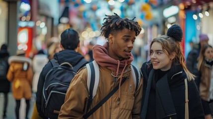 Young multiracial group enjoying shopping together in a vibrant urban setting