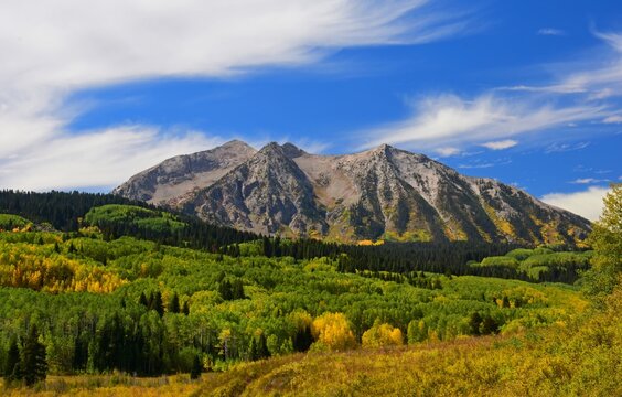 magnificent east and west beckwith mountains and changing aspen trees on a sunny fall day on the kebler pass road between crested butte and paonia in the rocky mountains of colorado