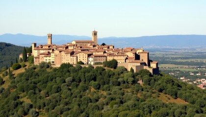 Naklejka premium Elegant castle perched atop a verdant hill overlooking a serene landscape