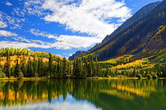 beautiful golden aspen trees reflected in dollar lake  in fall along the three lakes loop hiking trail via lost lake in the  rocky mountains along kebler pass near crested butte, colorado
