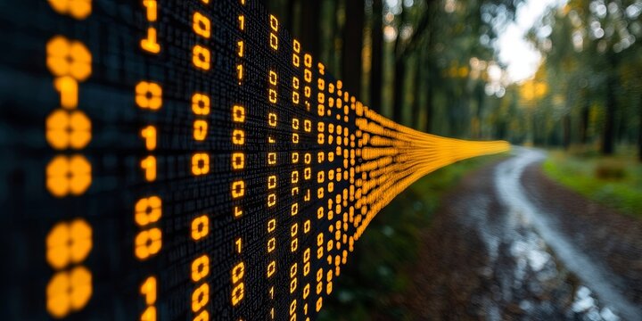 A digital stream of binary code emerges from a dense forest, symbolizing the integration of technology with nature.