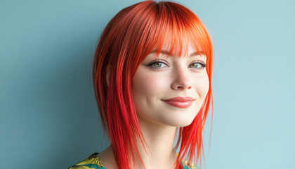 Obraz premium Beautiful redhead woman with freckles smiling on blue background