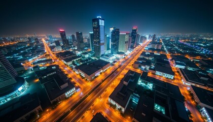 Fototapeta premium Vibrant cityscape at night illuminated by bright lights